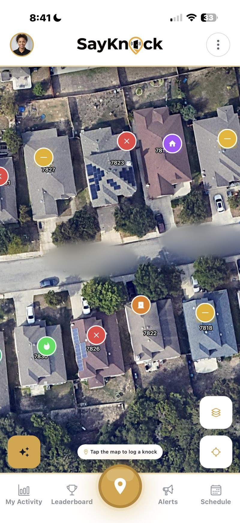 SayKnock GPS-verified door-to-door sales tracking map showing rep pins and knock markers