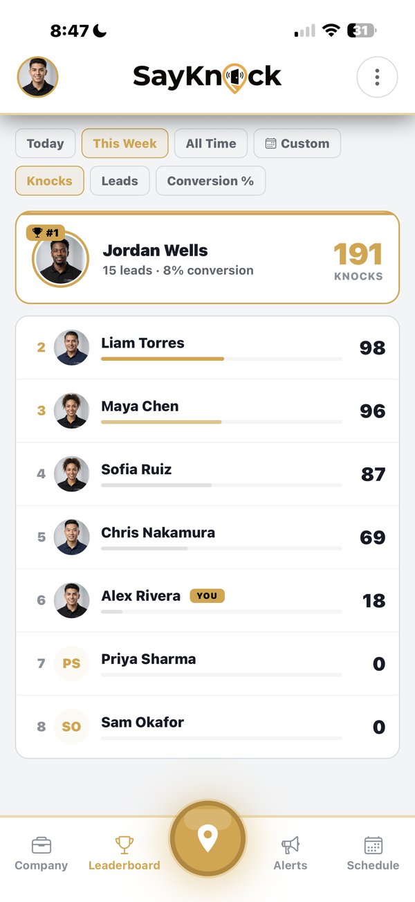 D2D sales team leaderboard showing rep rankings knock counts and lead conversion rates
