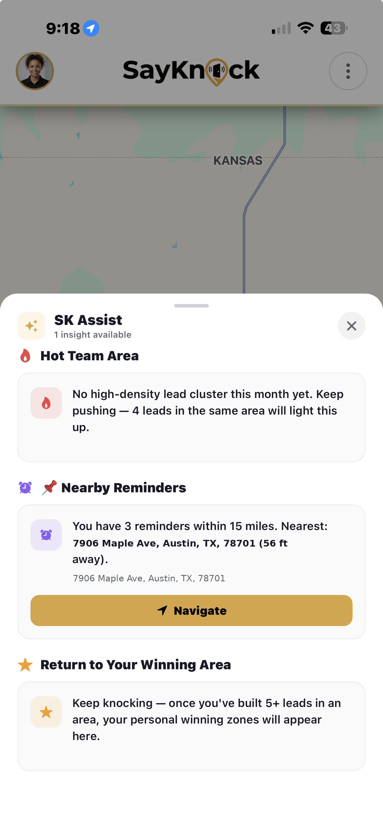 SK Assist canvassing guidance showing hot territory recommendations from your team's knock data